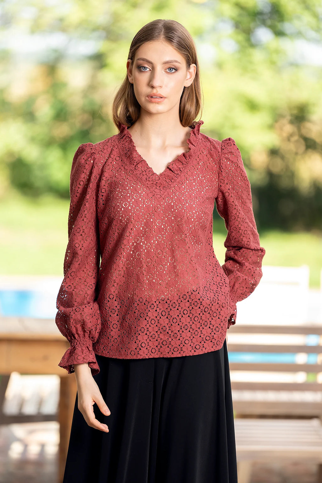Bluza Caramizie Din Dantela De Bumbac Selina