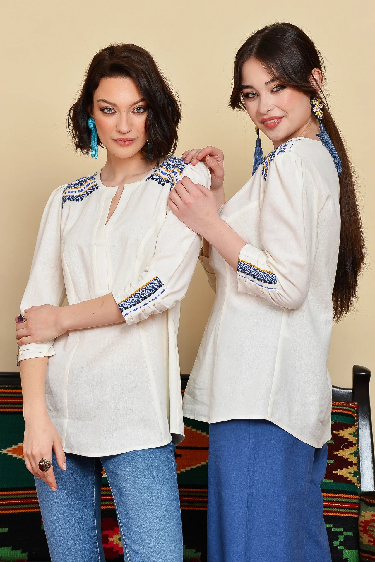 Camasa din In si Jacquard Etnic Albastru