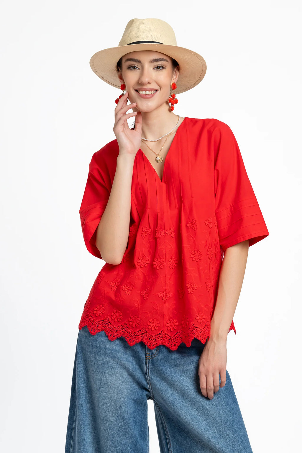 Bluza kimono roșie din batist de bumbac și broderie tridimensională