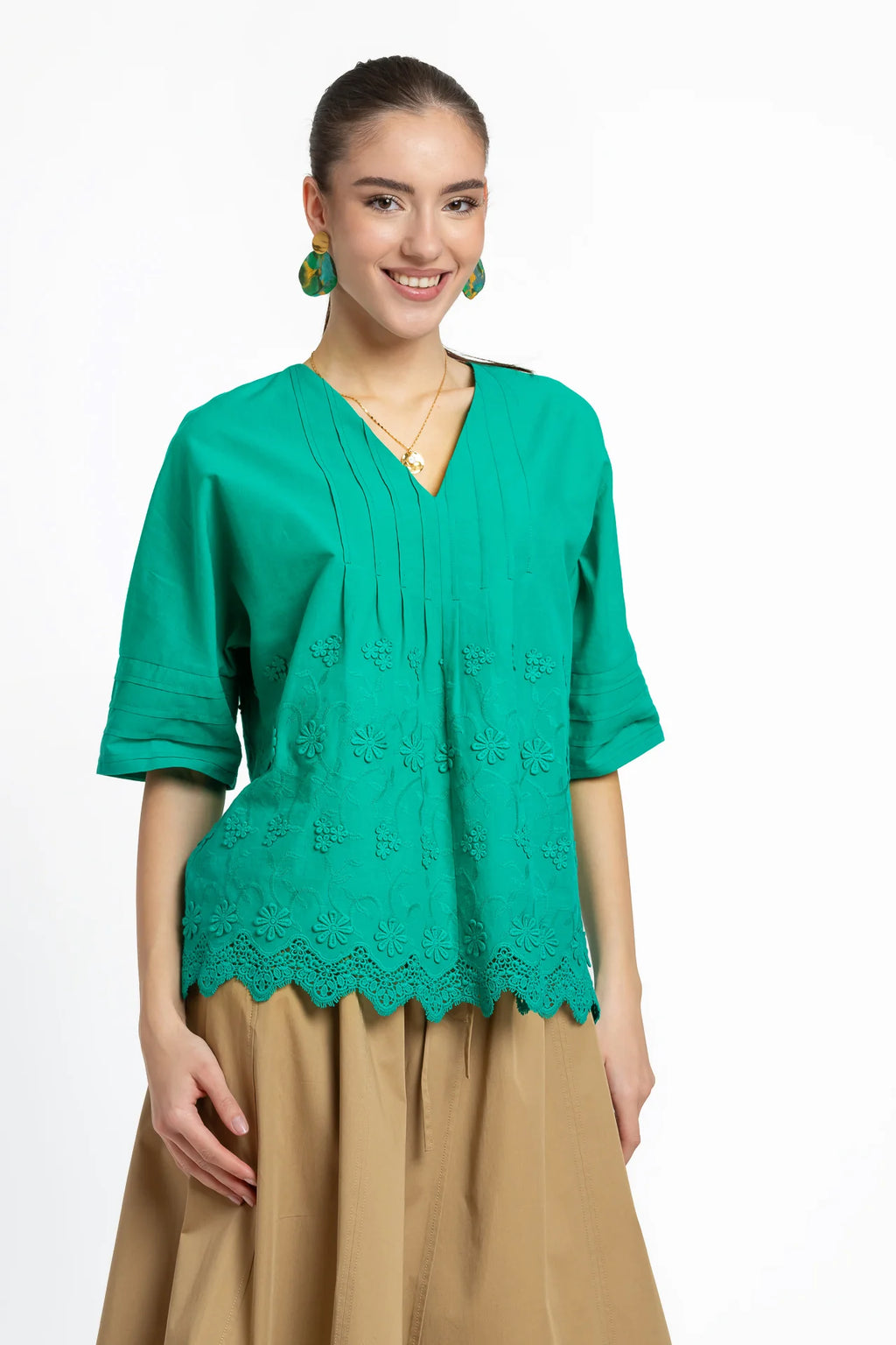 Bluza kimono verde din batist de bumbac și broderie tridimensională