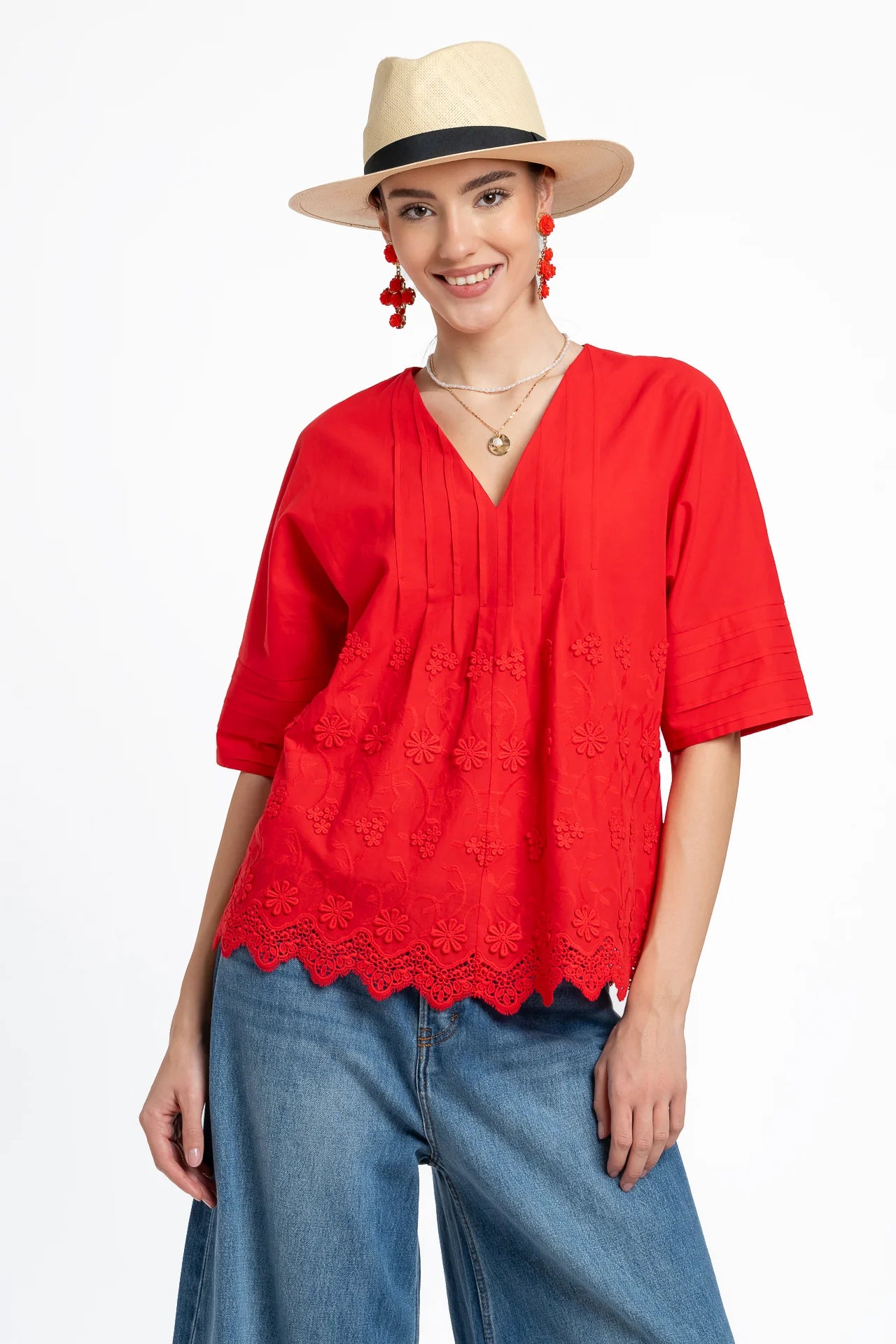 Bluza kimono roșie din batist de bumbac și broderie tridimensională