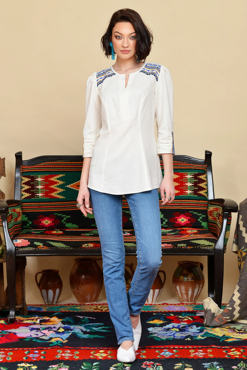 Camasa din In si Jacquard Etnic Albastru