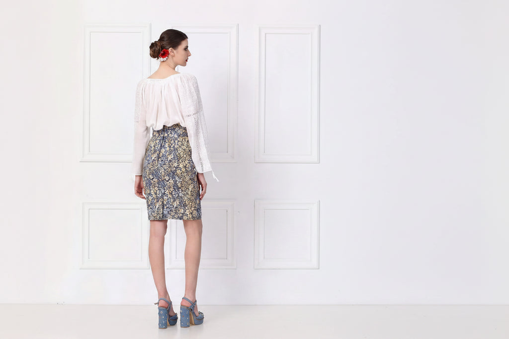 Fusta Dreapta din Jacquard cu Motive Florale