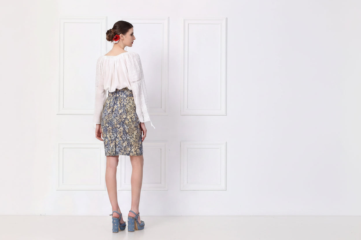 Fusta Dreapta din Jacquard cu Motive Florale