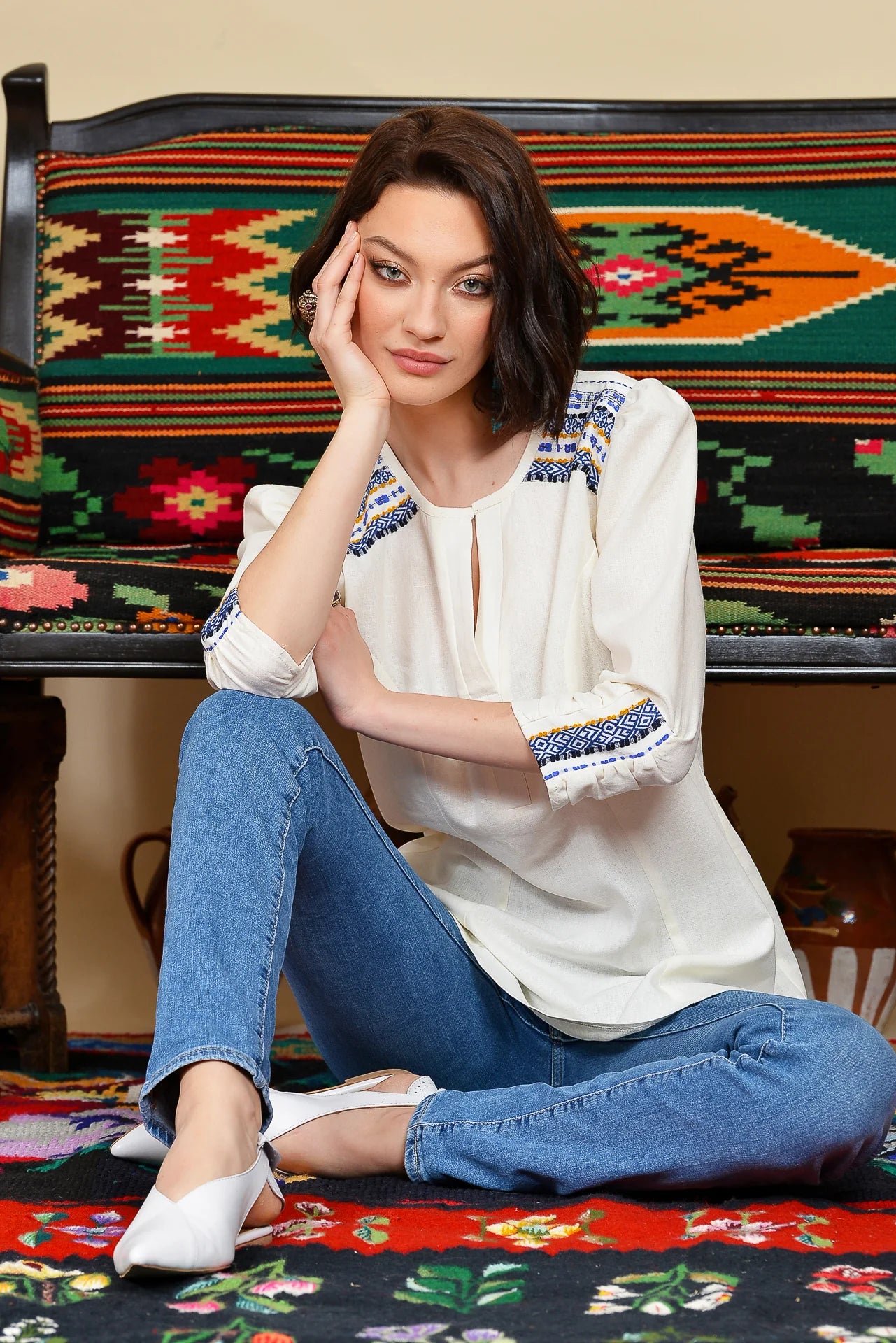 Camasa din In si Jacquard Etnic Albastru