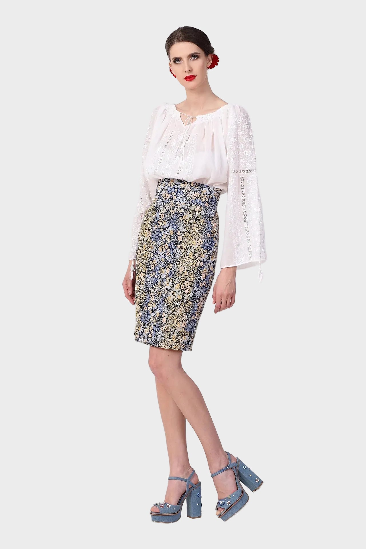 Fusta Dreapta din Jacquard cu Motive Florale