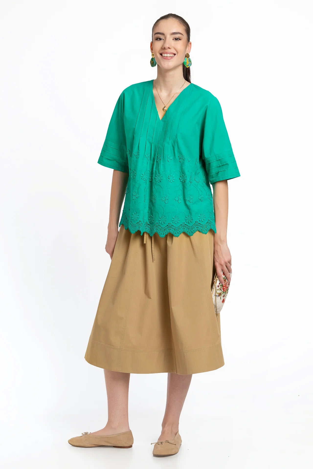 Bluza kimono verde din batist de bumbac și broderie tridimensională