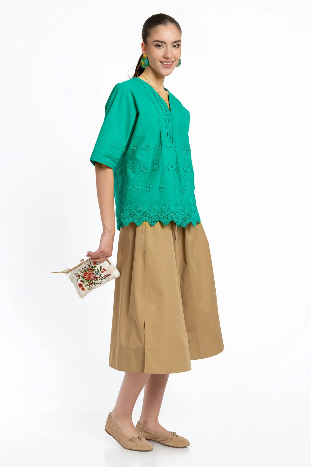 Bluza kimono verde din batist de bumbac și broderie tridimensională
