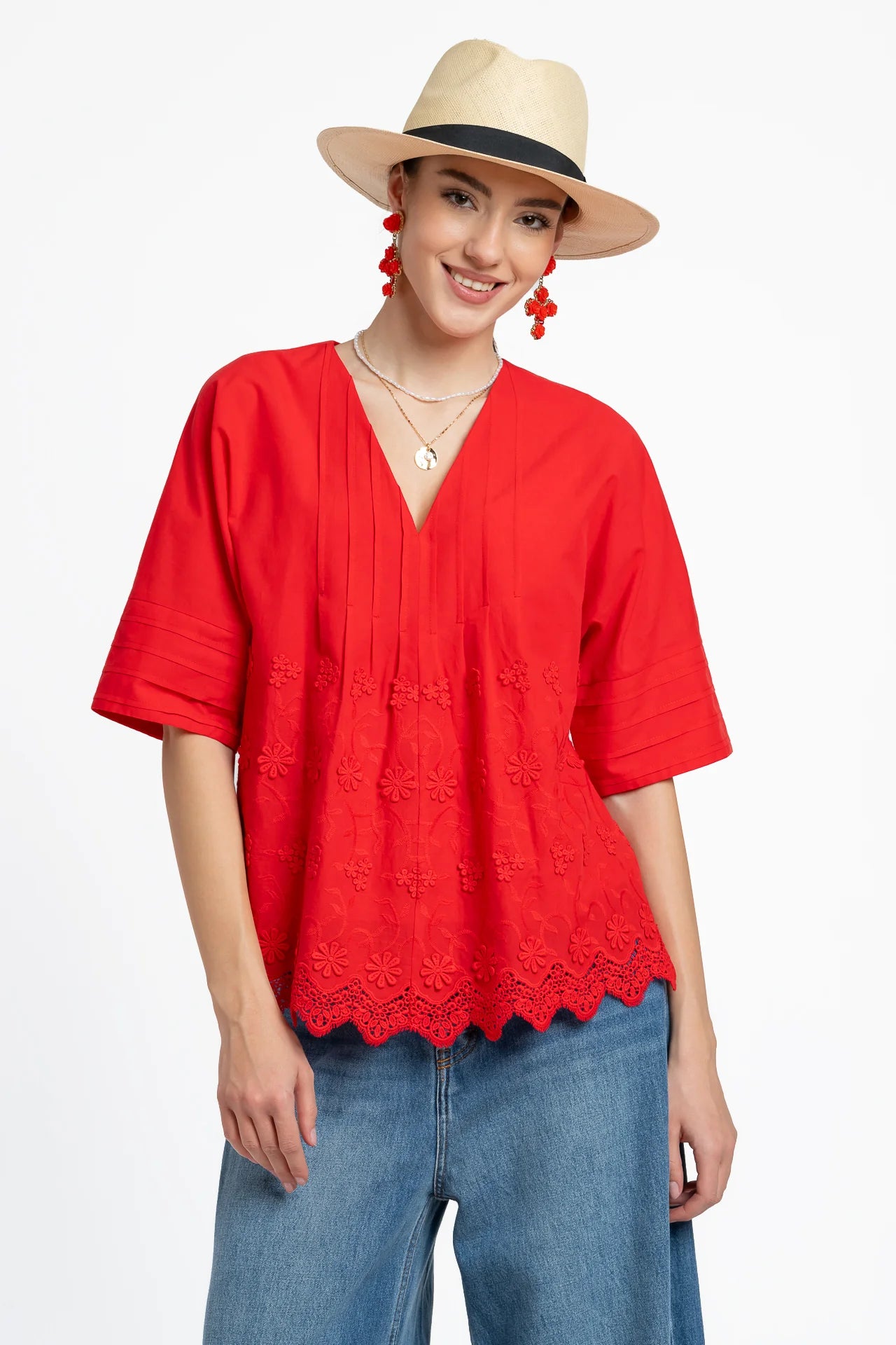 Bluza kimono roșie din batist de bumbac și broderie tridimensională
