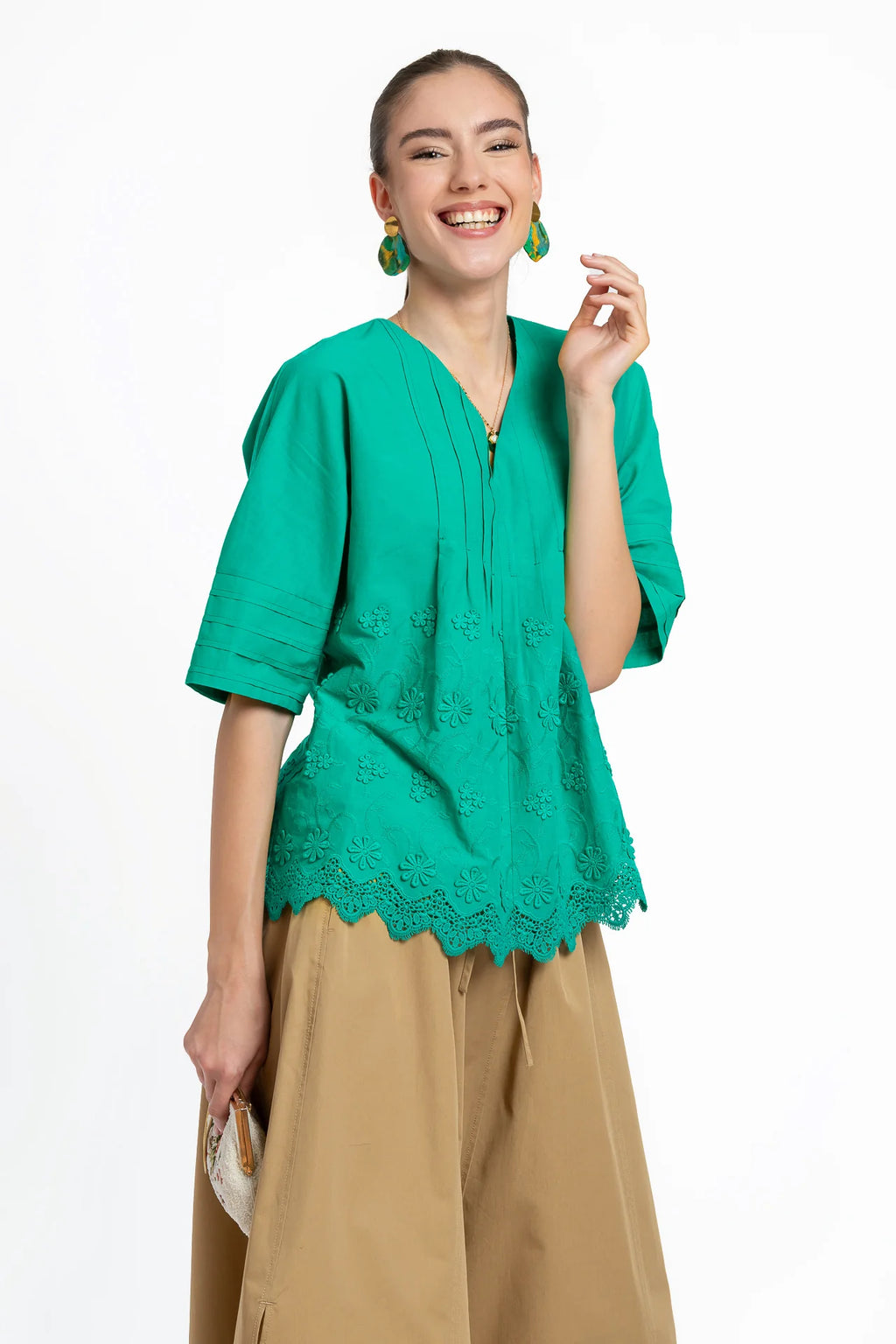 Bluza kimono verde din batist de bumbac și broderie tridimensională