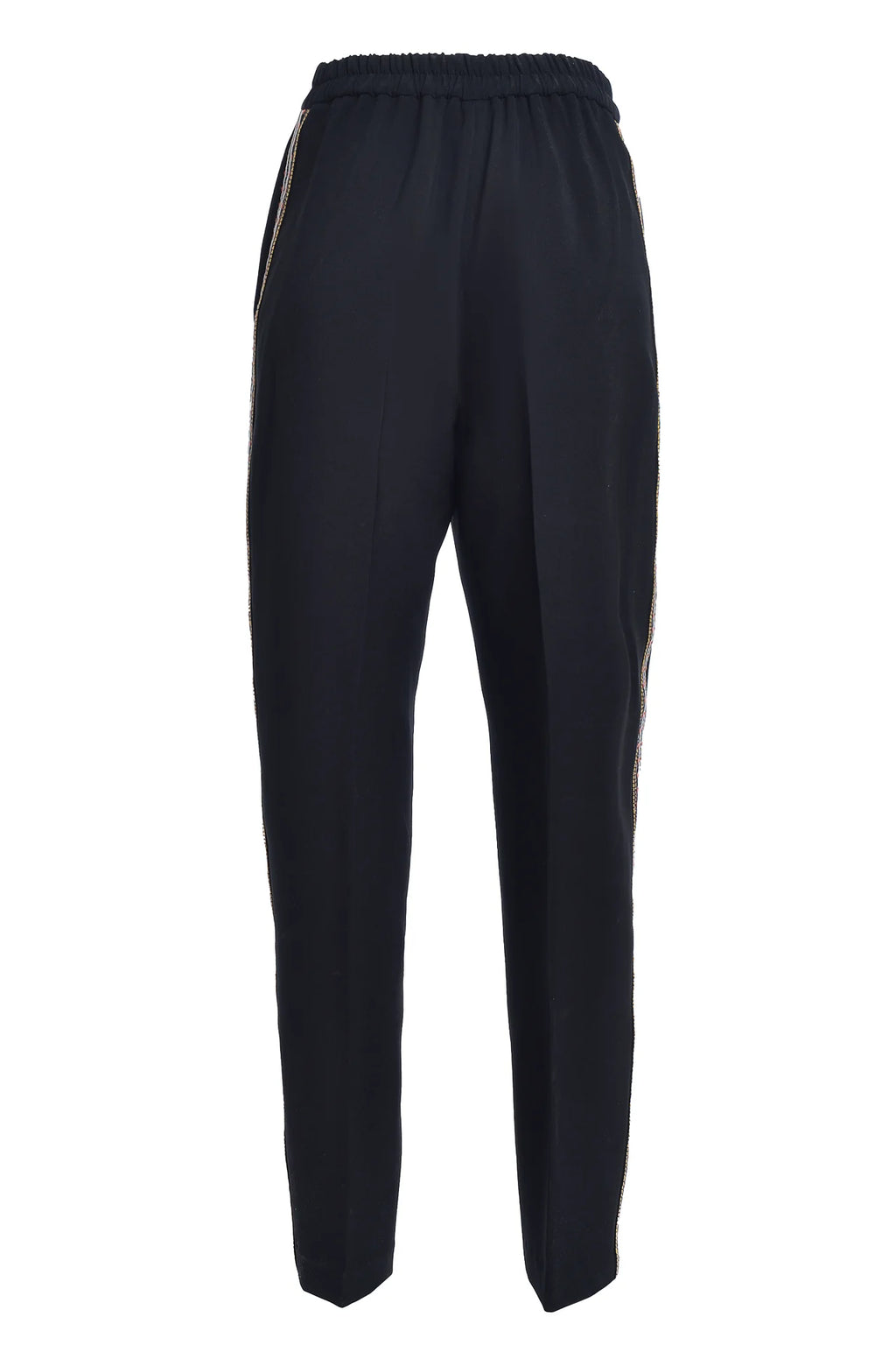 Pantaloni Conici din Stofa Neagra cu Banda Laterala din Jacquard Geometric