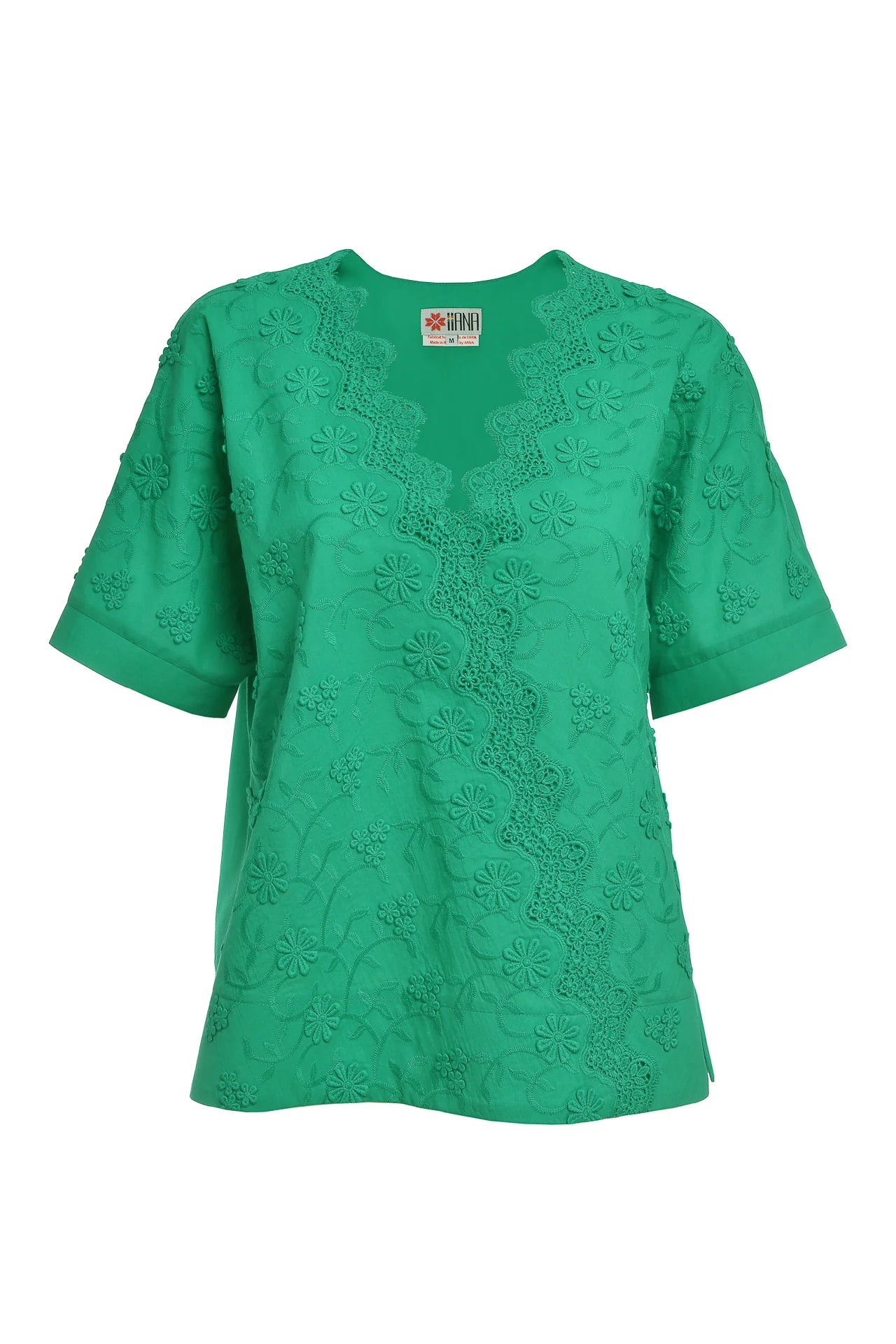 Bluză chimono verde din batist de bumbac și broderie tridimensională
