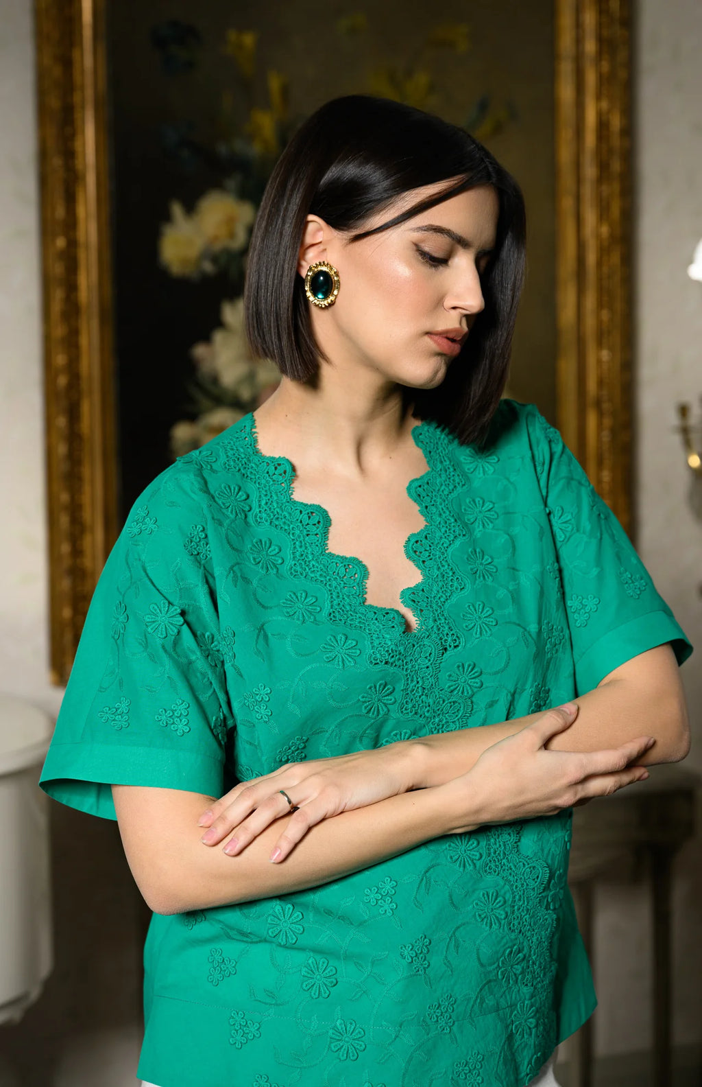 Bluză chimono verde din batist de bumbac și broderie tridimensională