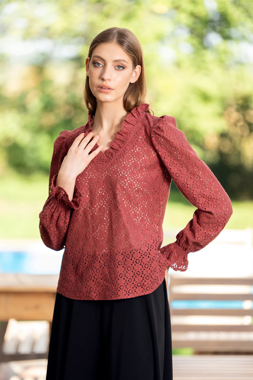 Bluza Caramizie Din Dantela De Bumbac Selina