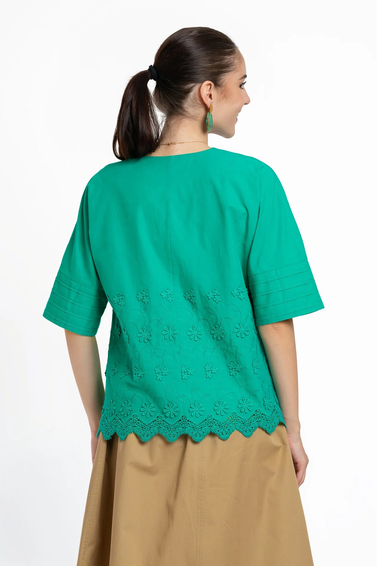 Bluza kimono verde din batist de bumbac și broderie tridimensională