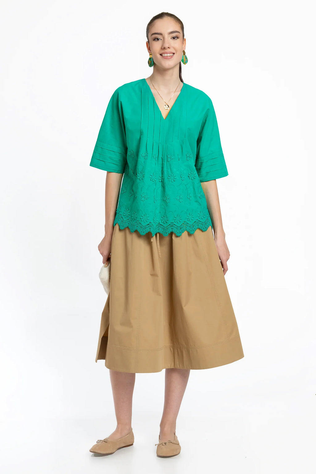 Bluza kimono verde din batist de bumbac și broderie tridimensională