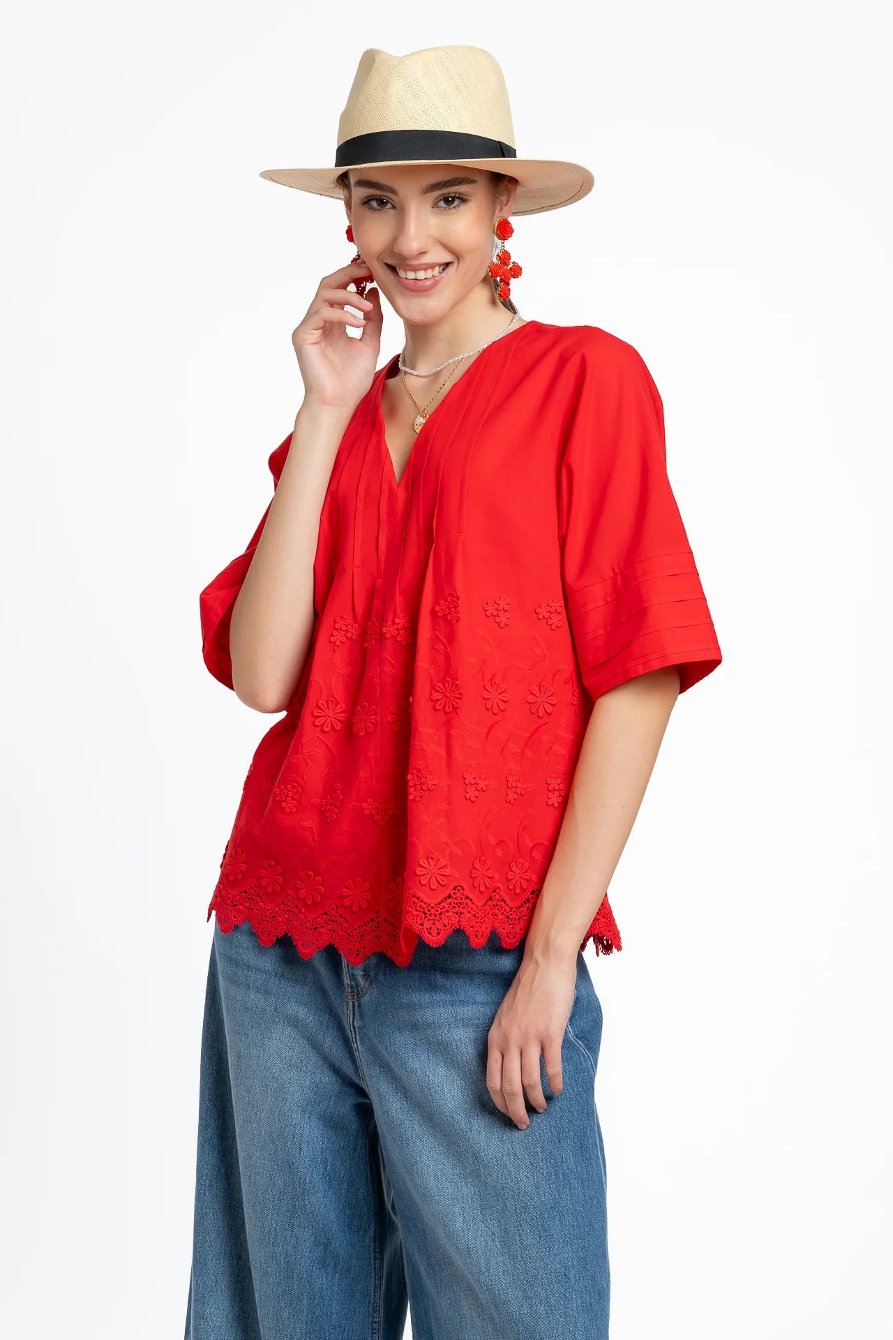 Bluza kimono roșie din batist de bumbac și broderie tridimensională