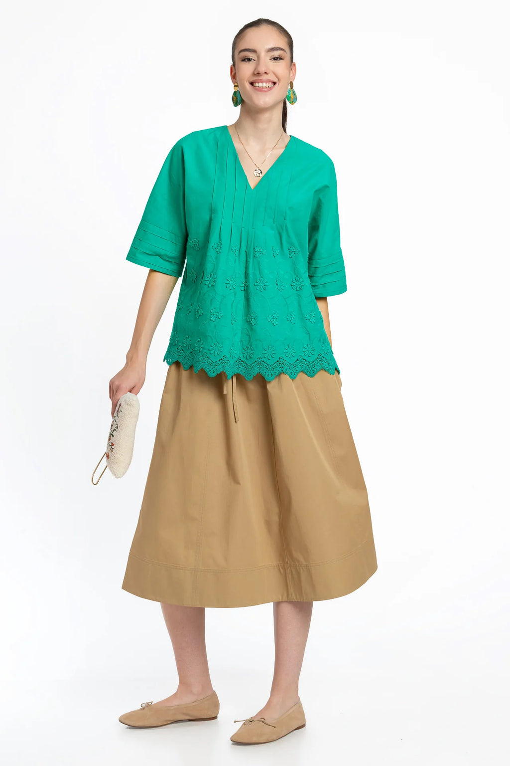 Bluza kimono verde din batist de bumbac și broderie tridimensională