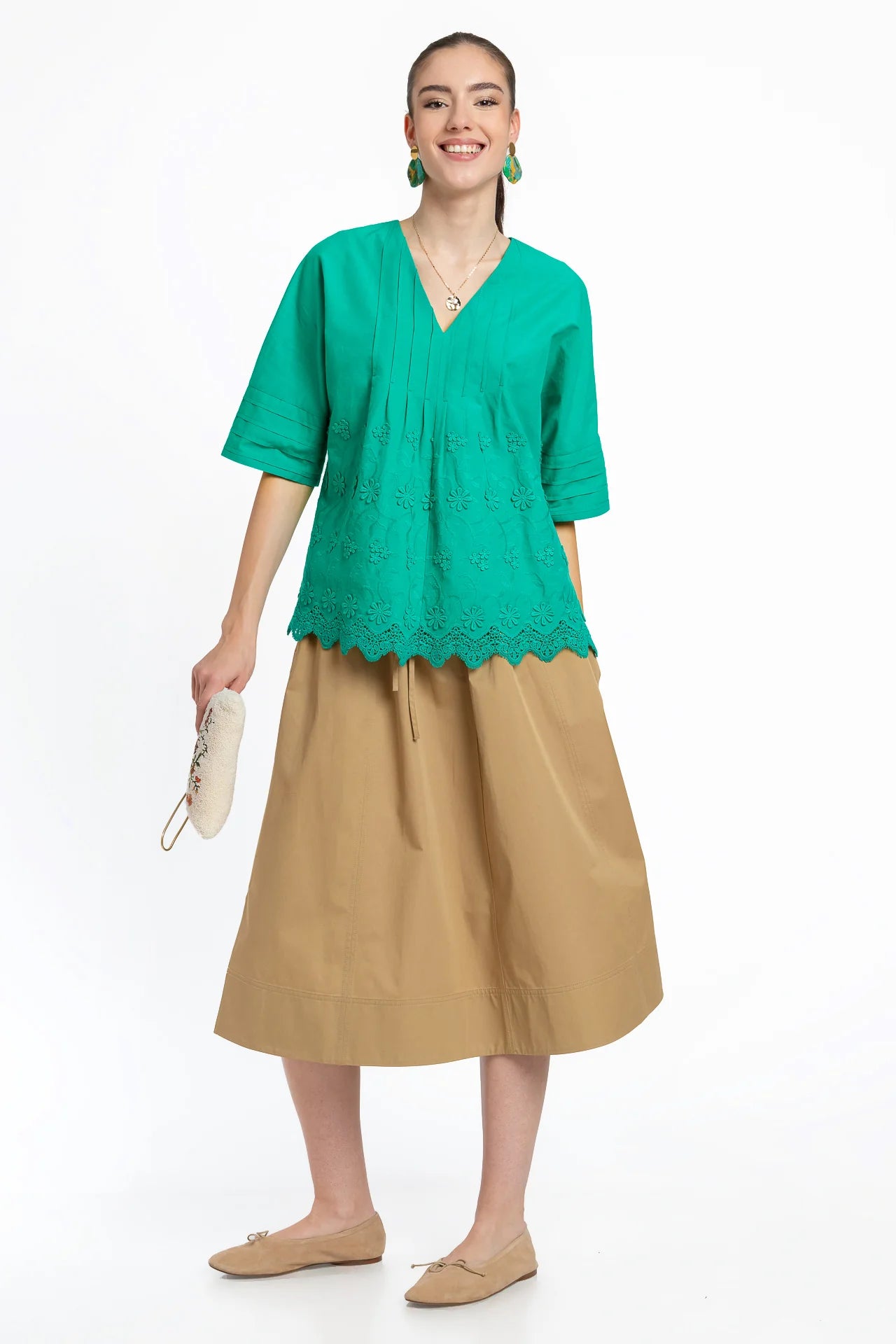 Bluza kimono verde din batist de bumbac și broderie tridimensională