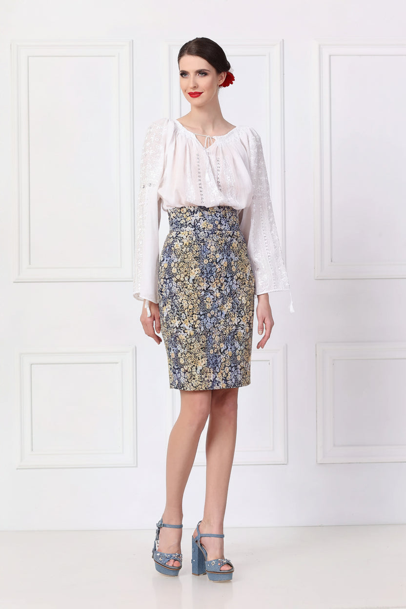 Fusta Dreapta din Jacquard cu Motive Florale