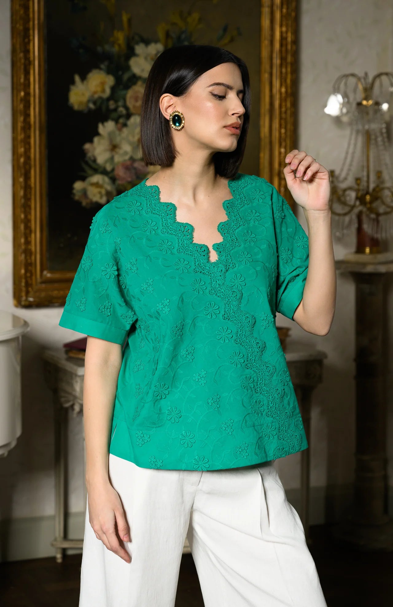 Bluză chimono verde din batist de bumbac și broderie tridimensională