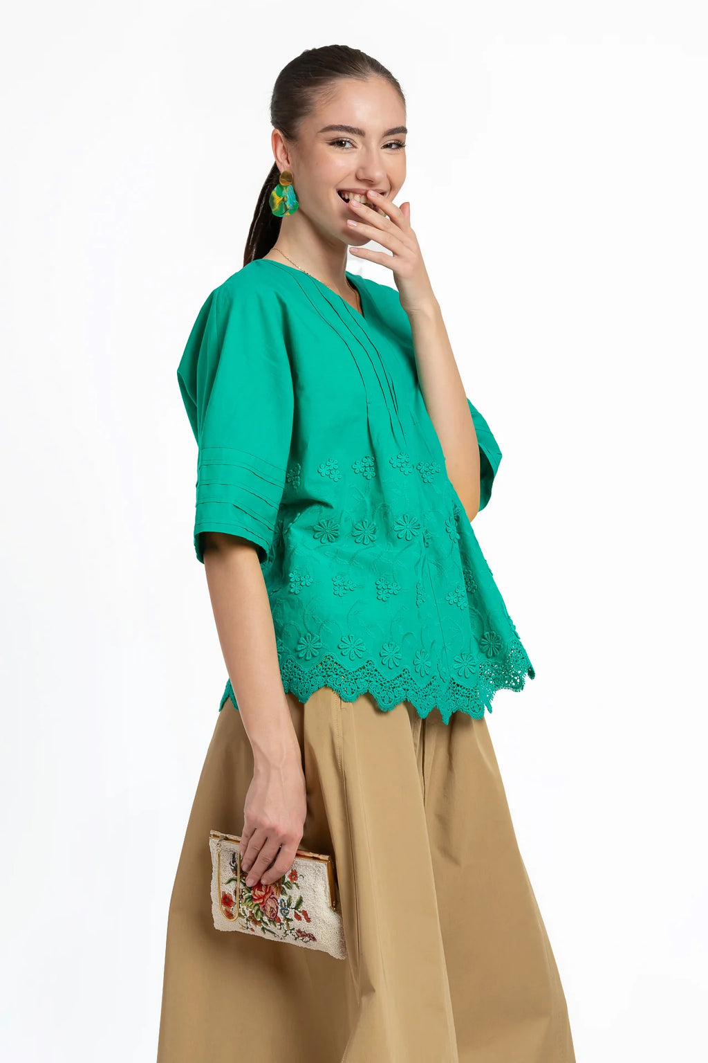 Bluza kimono verde din batist de bumbac și broderie tridimensională