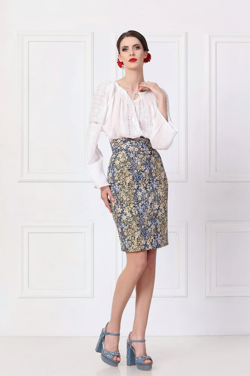 Fusta Dreapta din Jacquard cu Motive Florale