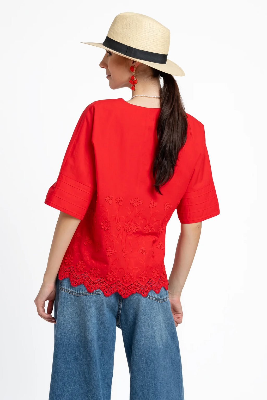 Bluza kimono roșie din batist de bumbac și broderie tridimensională