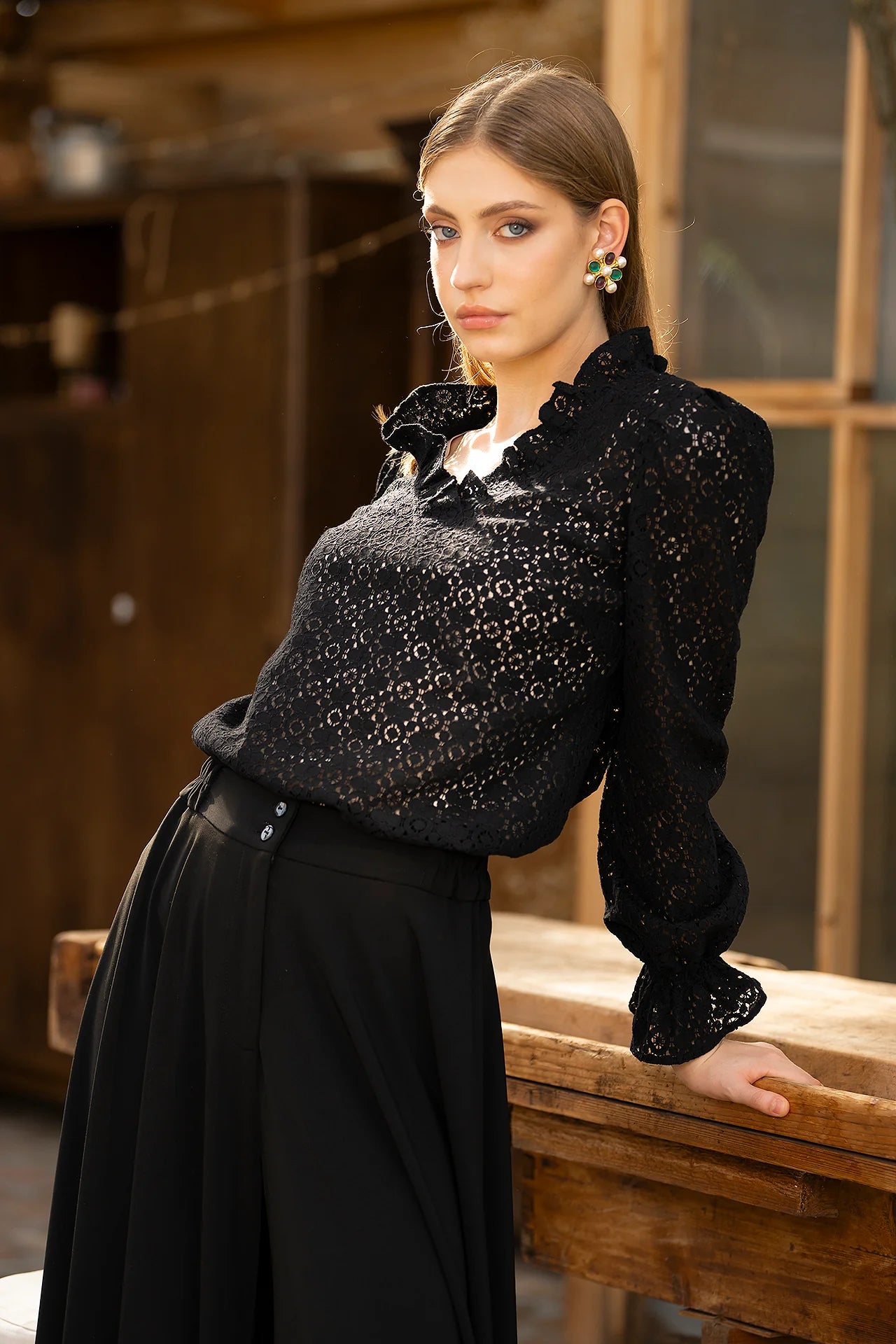Bluza Neagra Din Dantela De Bumbac Irma