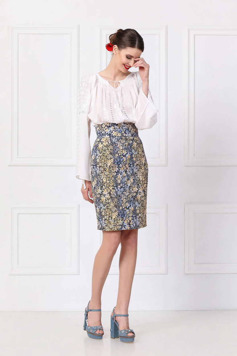 Fusta Dreapta din Jacquard cu Motive Florale