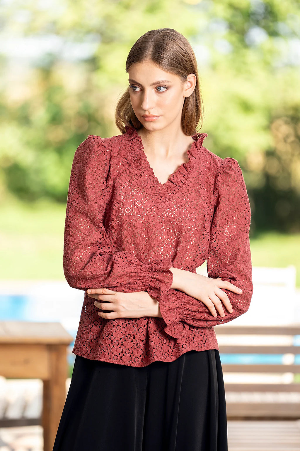 Bluza Caramizie Din Dantela De Bumbac Selina