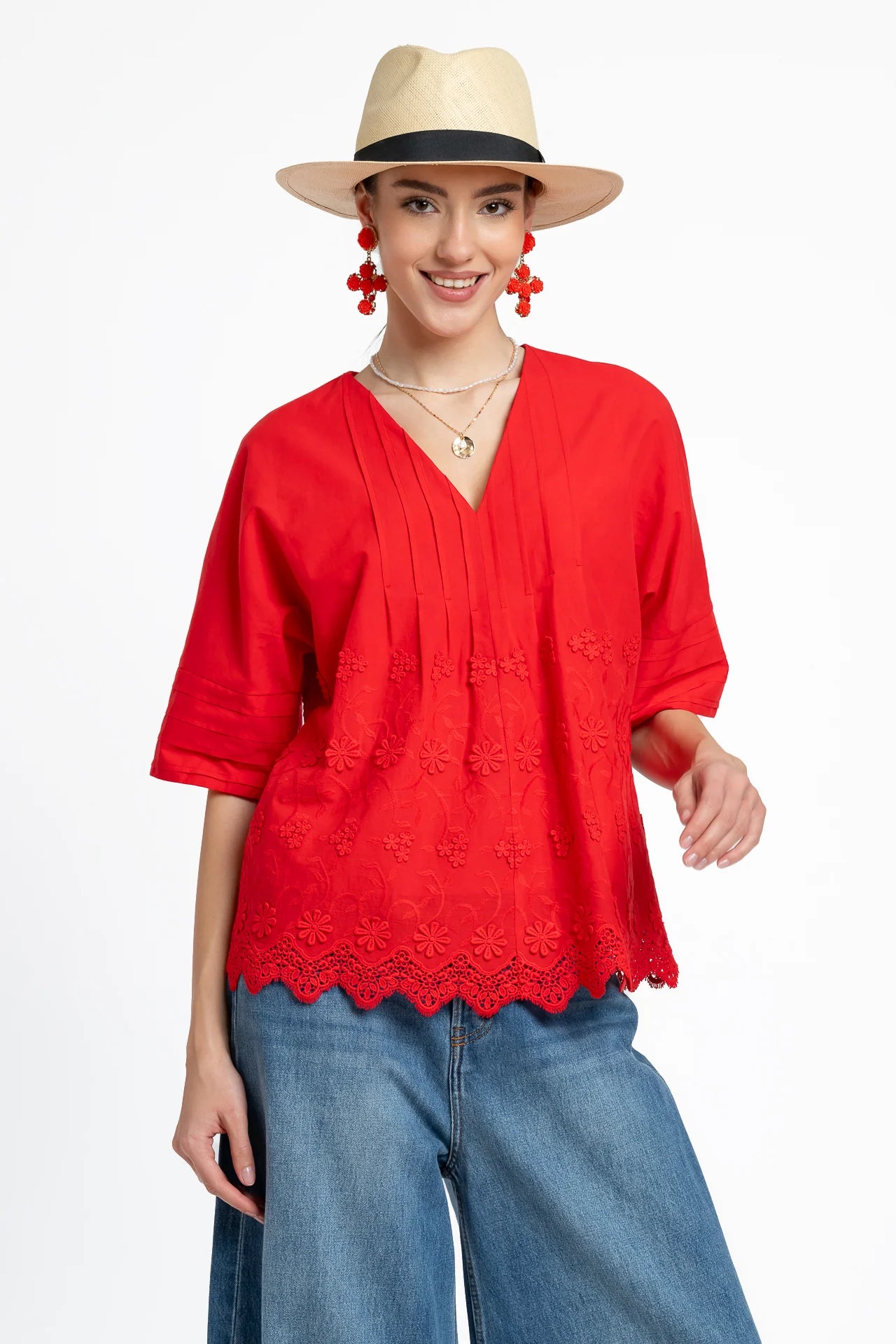 Bluza kimono roșie din batist de bumbac și broderie tridimensională