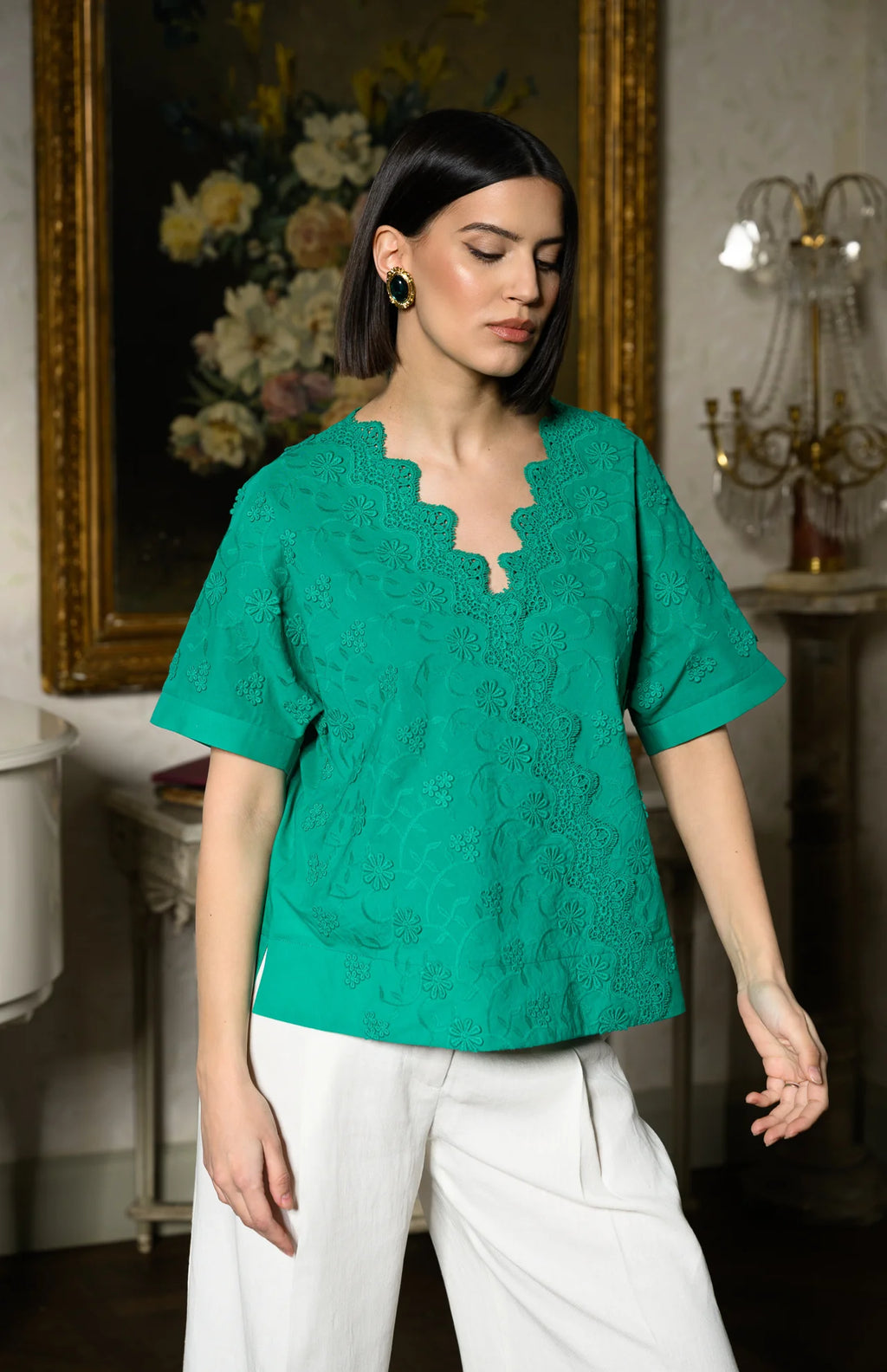 Bluză chimono verde din batist de bumbac și broderie tridimensională