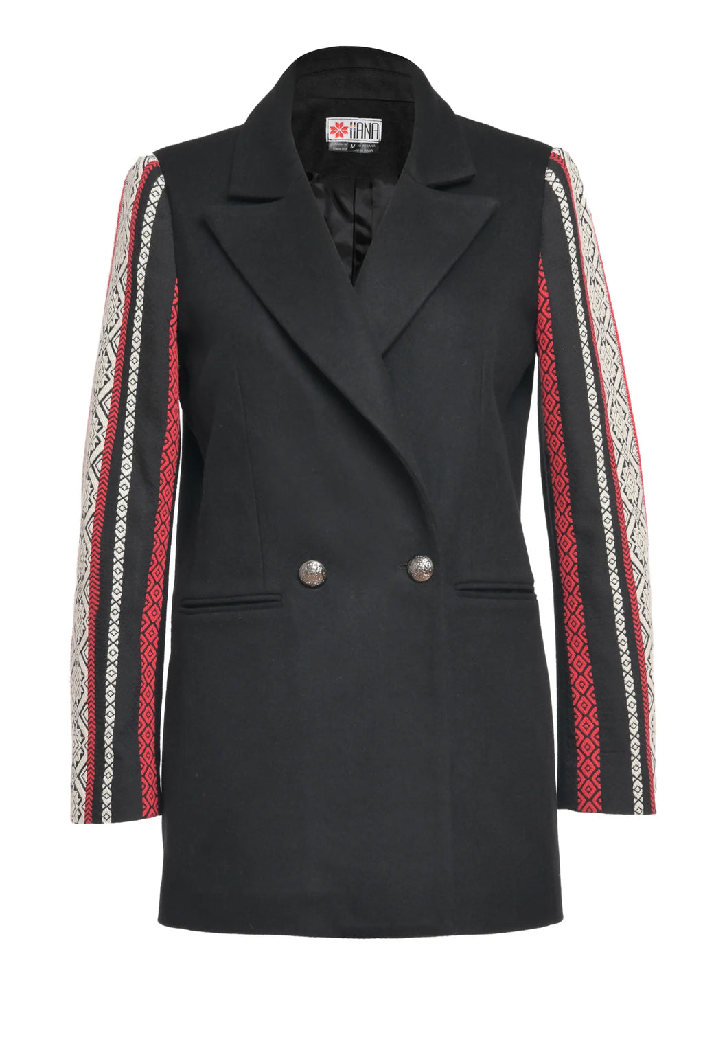 Jacheta neagra din lana cu jacquard etnic tesut