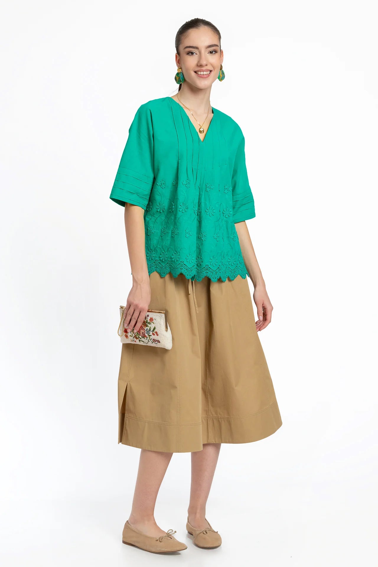 Bluza kimono verde din batist de bumbac și broderie tridimensională