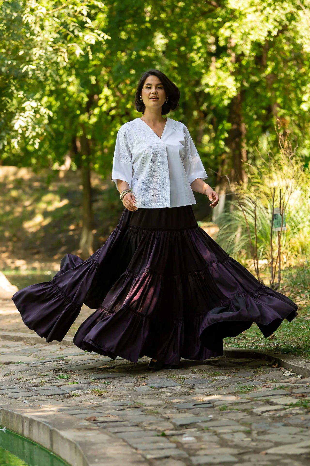 Fusta mov din tafta boho cu volane