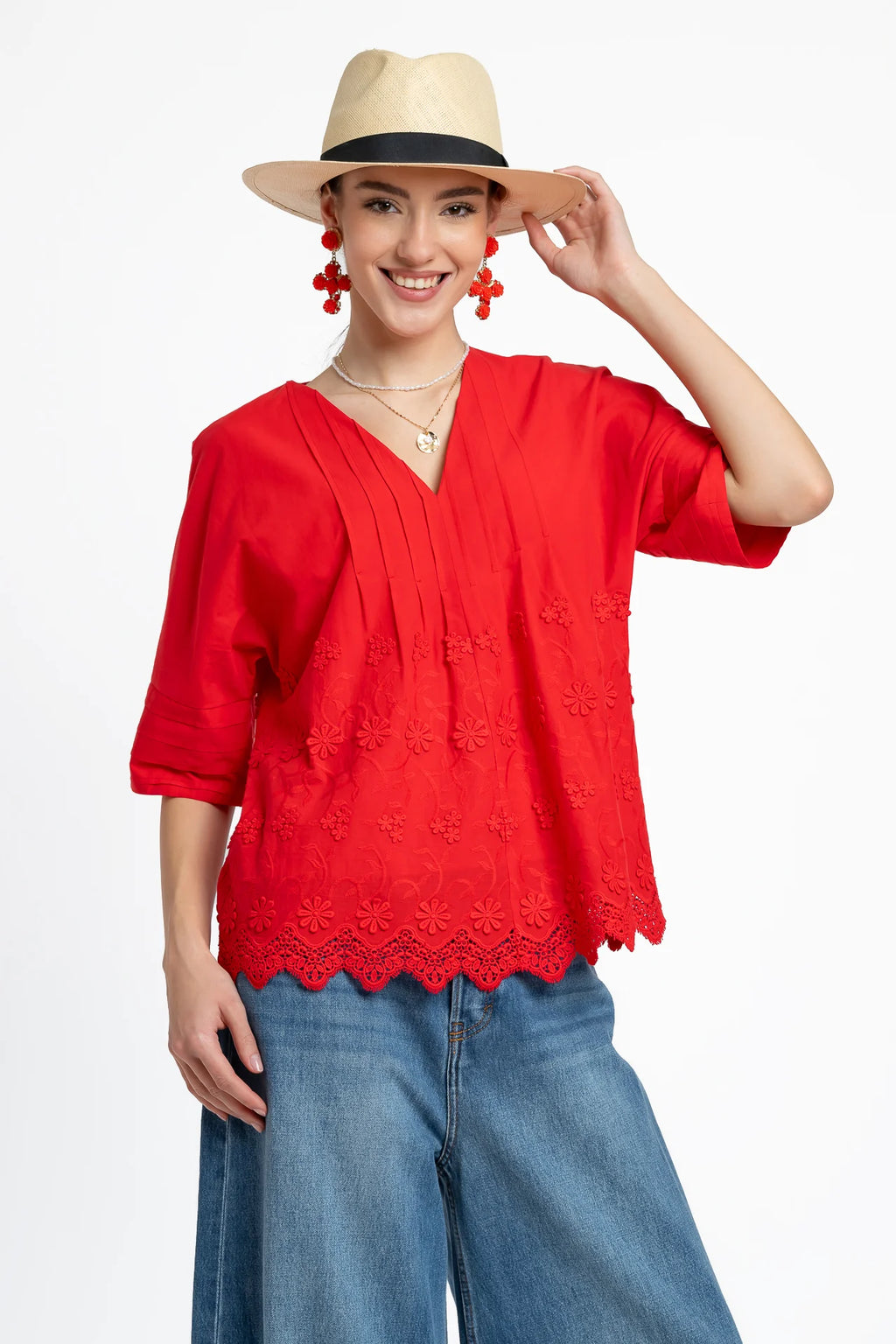 Bluza kimono roșie din batist de bumbac și broderie tridimensională