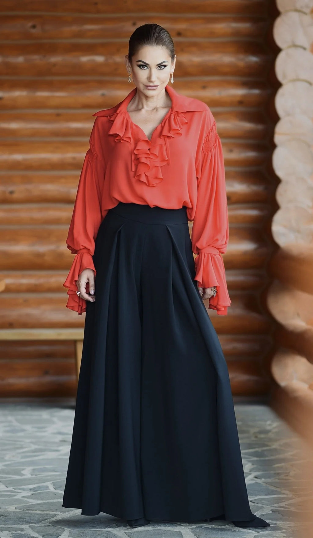 Pantaloni Lungi din Stofa Neagra cu Croiala Ampla si Slituri Frontale