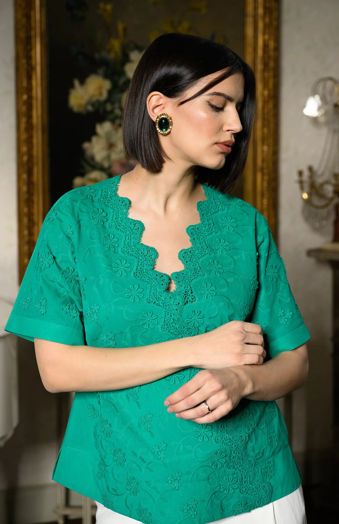 Bluză chimono verde din batist de bumbac și broderie tridimensională